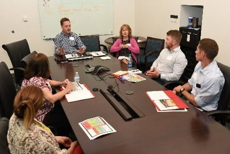staff members sit around a table together at a healthy iu workshop