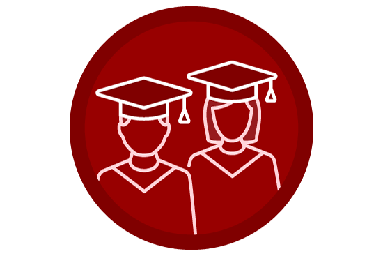 red circle with outline of two graduates in cap and gown
