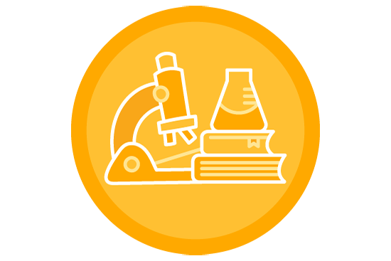 yellow circle with outline of microscope, beaker and books