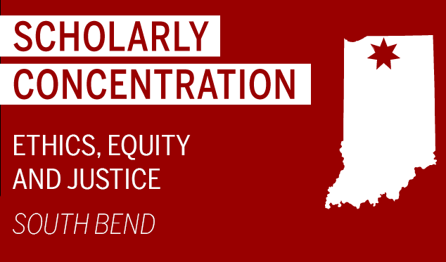map shows the location of the ethics, equity and justice concentration in south bend