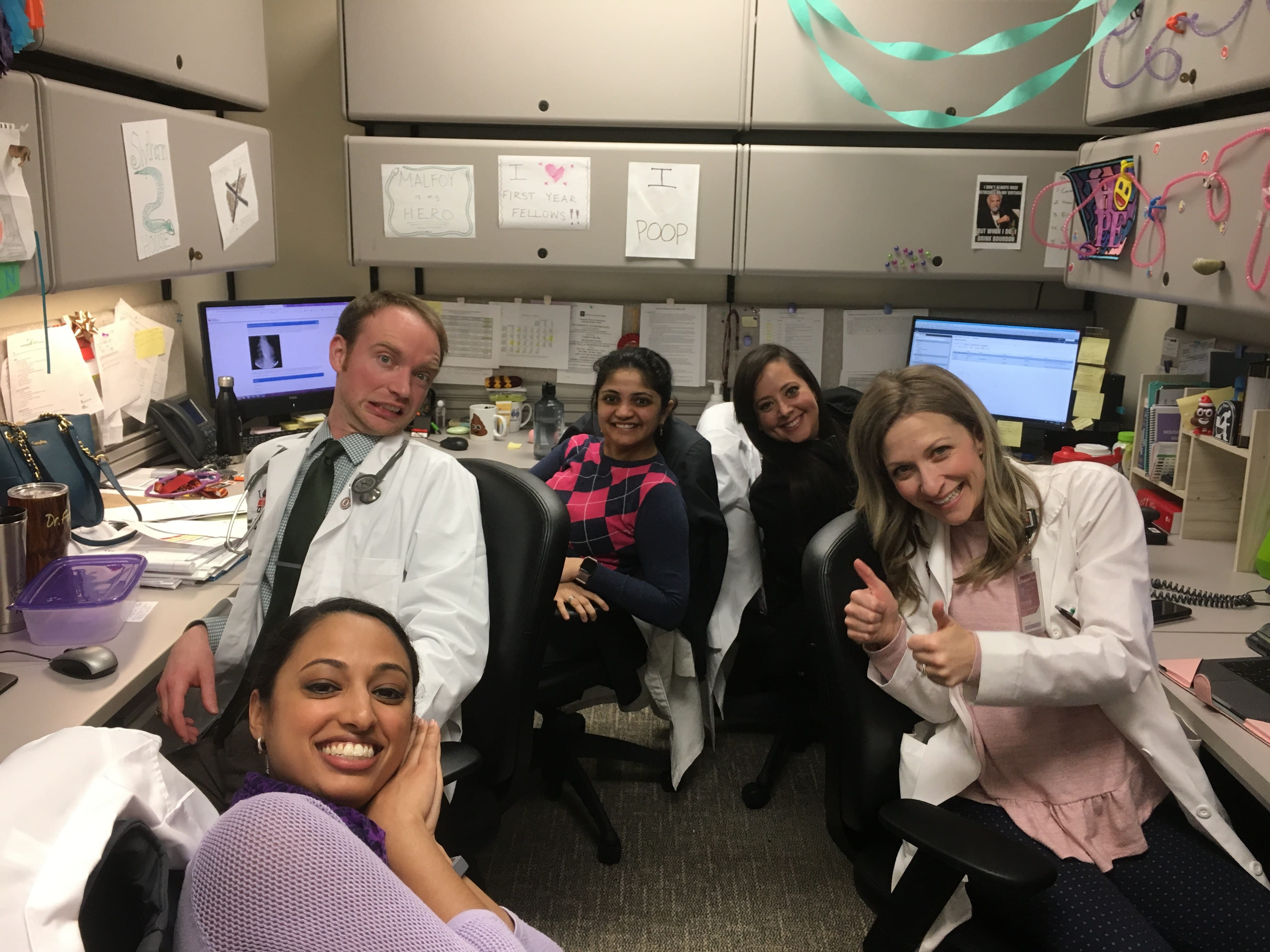 Pediatric gastroenterology fellows in their office in 2019.