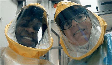 Melissa Kacena, PhD, (right) poses for a photo with Olatundun Awosanya. Awosanya is a PhD student in Kacena’s laboratory, working on the COVID-19 studies for her thesis.
