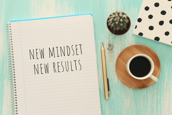 New Mindset New Results with coffee cup, pen, plant and notebook