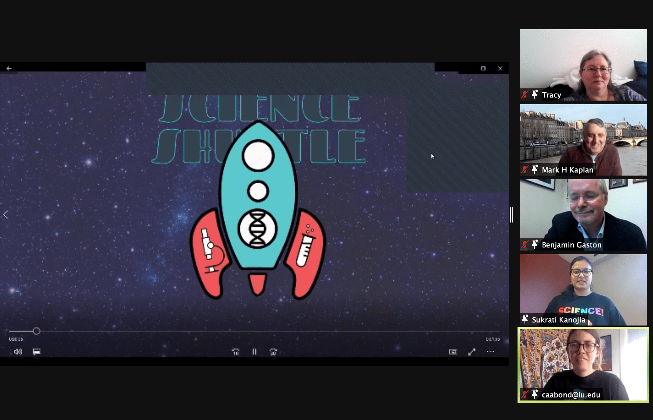 A screenshot of five people in a Zoom meeting and the Science Shuttle logo.