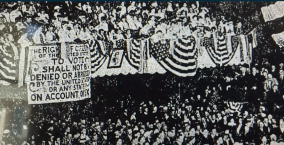 Newspaper image of women's suffrage advocates
