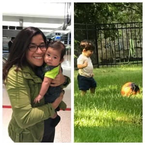 Left panel: Sotto smiling and holding a an infant in an airport. Right: Toddler walking through grass.