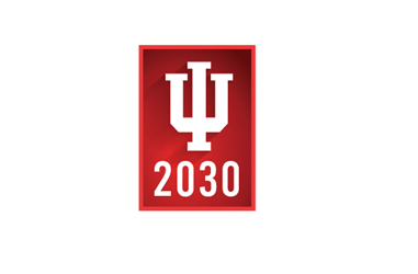 A red box against a white background, with a white IU trident and "2030" underneath in white