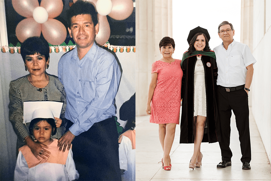 Luna Hinojosa with her parents at preschool and med school graduations