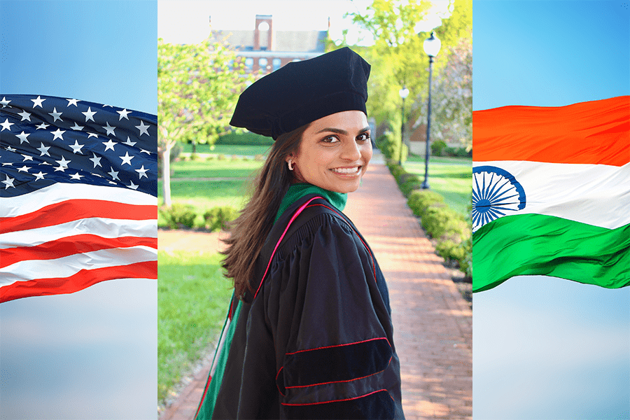 Purva Patel in cap and gown with American and Indian flags