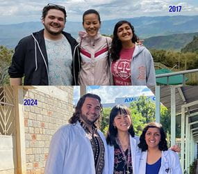 Grant Callen, Helen Li and Roshni Dhoot in 2017 and in 2024.