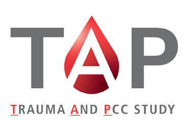 tap study logo reads "TAP: Trauma and PCC Study." The A in TAP is outlined in a red blood droplet.