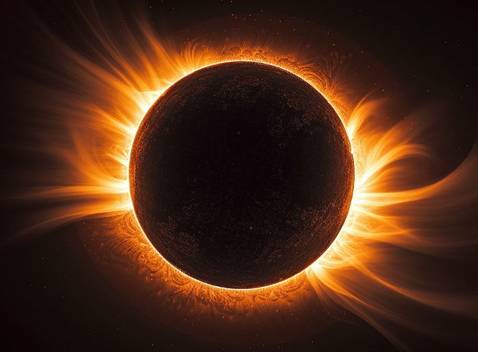 the sun flares brightly around the dark moon during a total solar eclipse