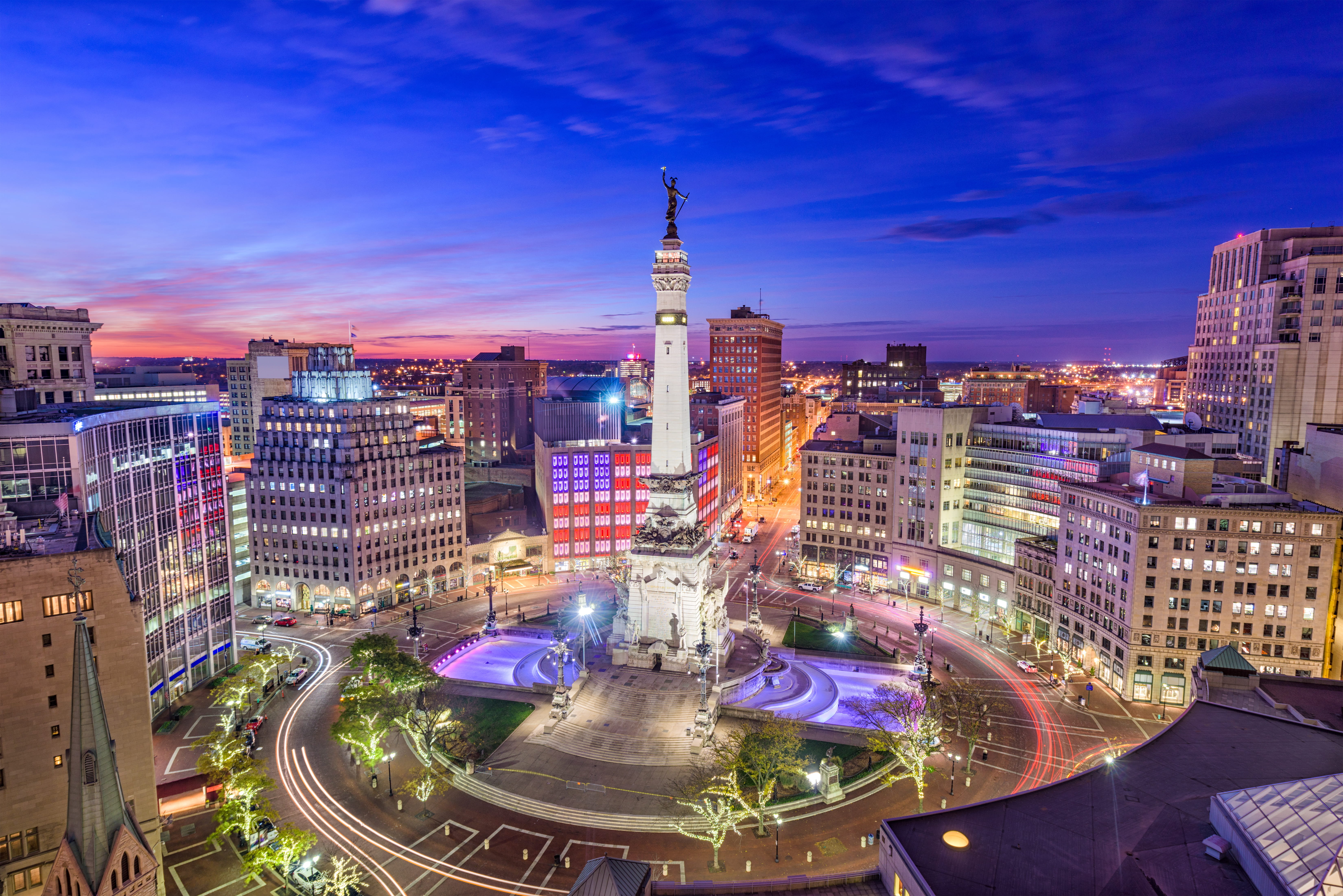 Monument Circle in downtown Indy at night