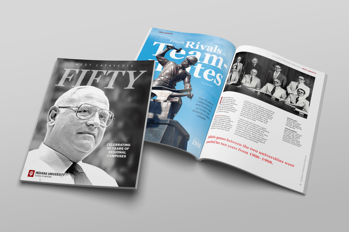 an open magazine shows a story about 50 years of statewide campuses, with a portrait of steven beering and information about IU and Purdue's collaboration