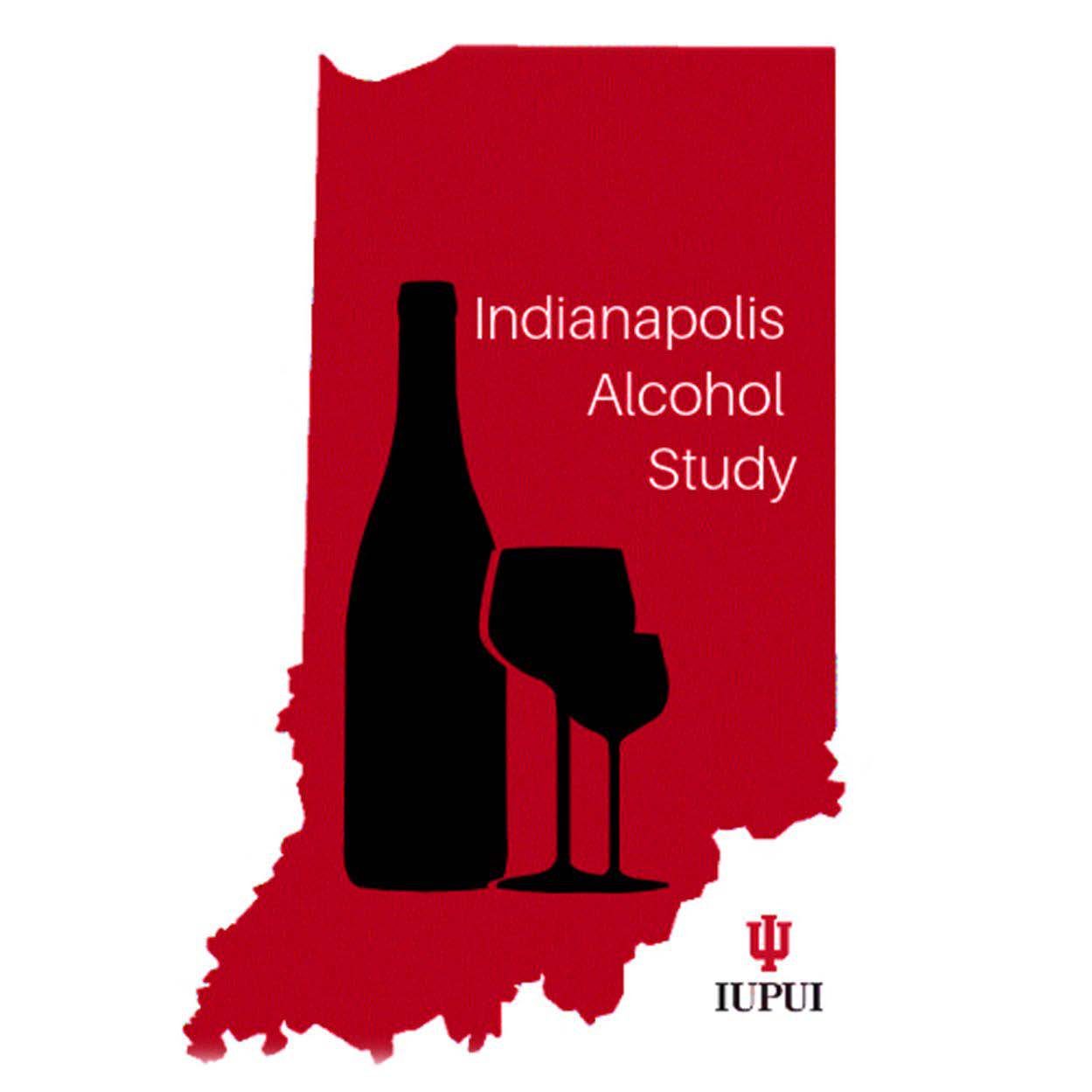 the shape of Indiana is in red, with a wine bottle and glass in black on top. Text reads "Indianapolis Alcohol Study"
