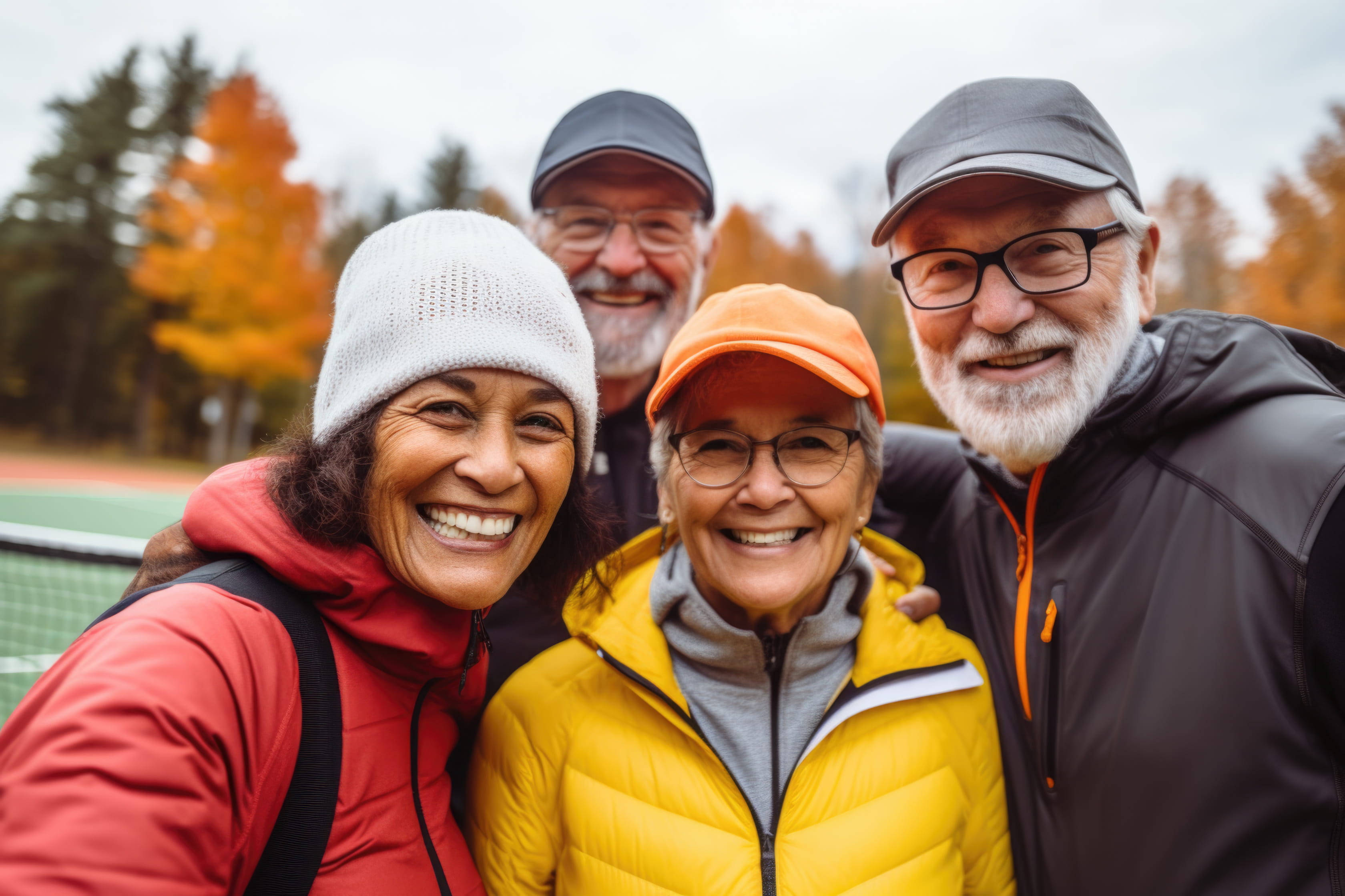Four diverse seniors pose in front of tennis courts, wearing puffy jackets and hats in the fall. 