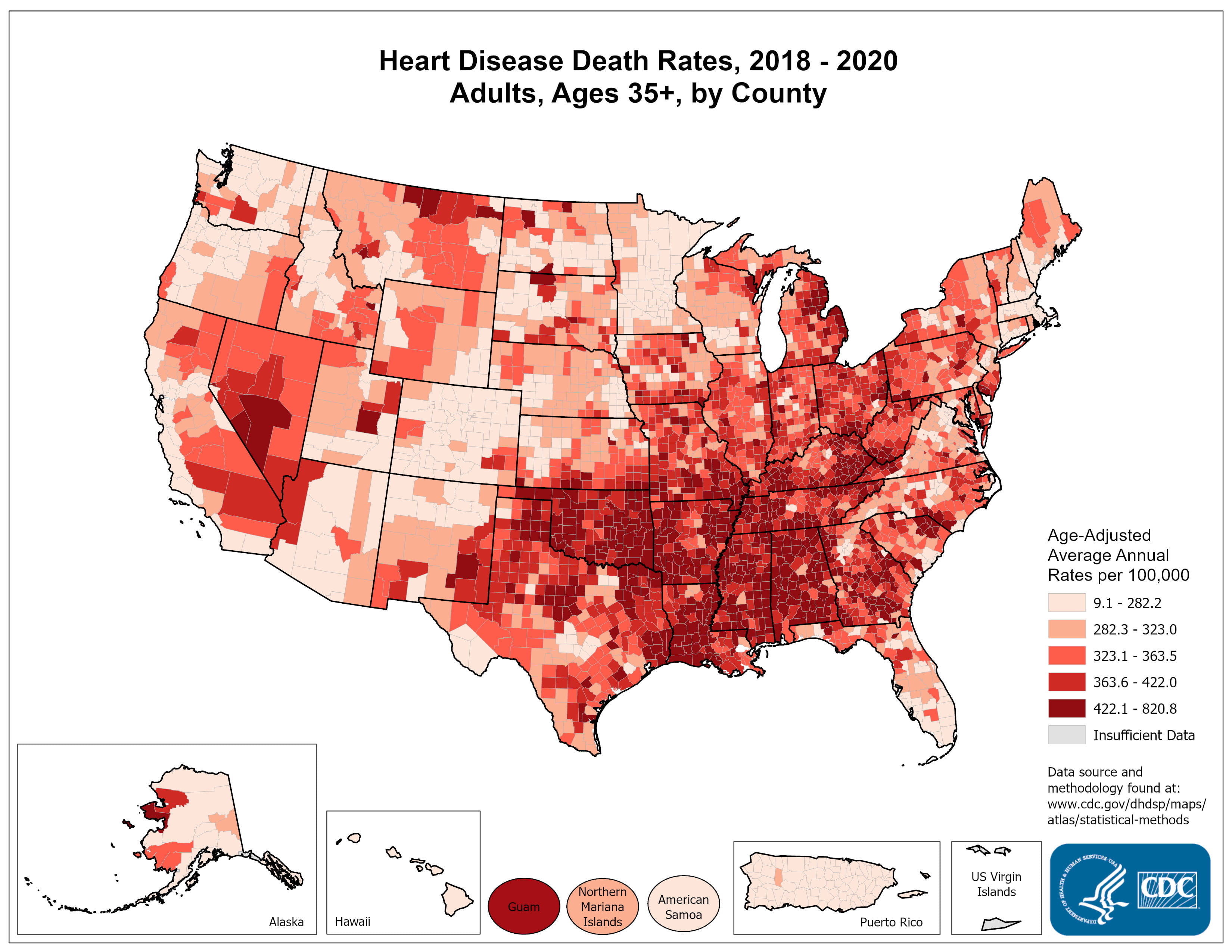 U.S. map of adult related deaths between 2018 and 2020, for persons ages 35 and higher. Source: CDC
