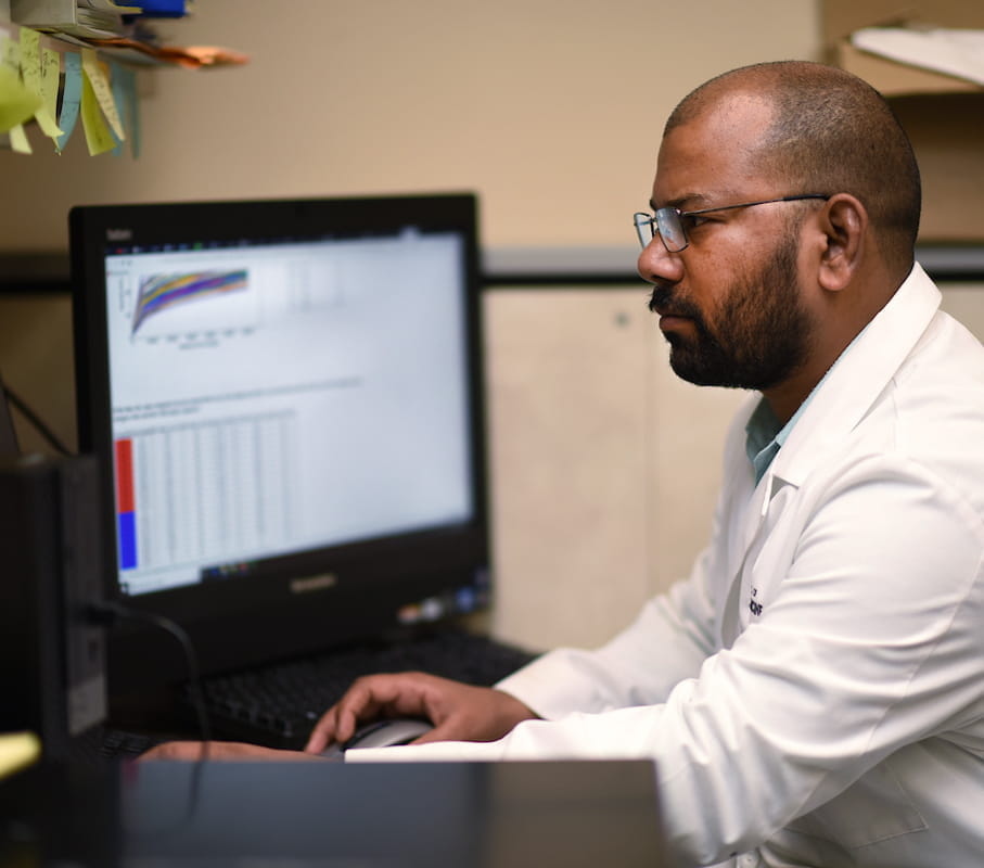 a graduate student at work on a computer