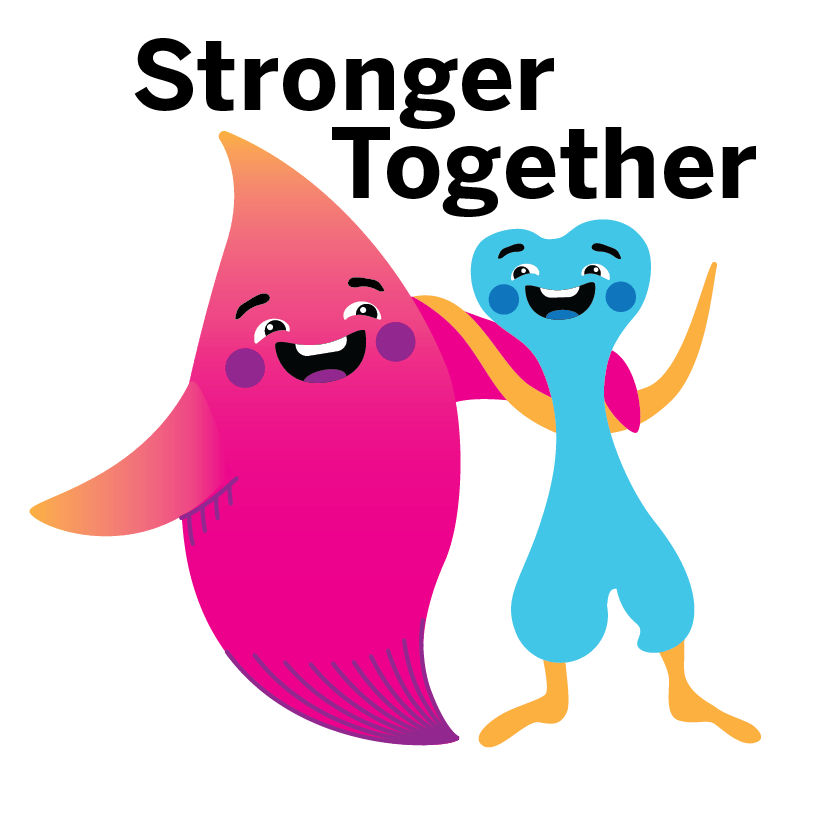 a sticker that reads "stronger together" and shows a cartoon blood drop and cartoon bone smiling and hugging each other
