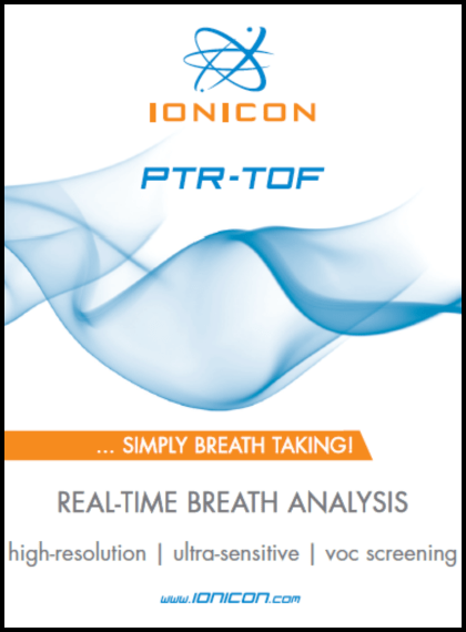 Blue waves with text, "REAL-TIME BREATH ANALYSIS… SIMPLY BREATH TAKING! high-resolution. ultra-sensitive. voc screening." And URL to their website.