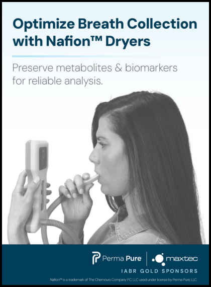 Advertisement for PermaPure. Image of a woman using breath analysis device with the text, "Optimize Breath Collection with Nation Dryers. Preserve metabolites & biomarkers for reliable analysis."