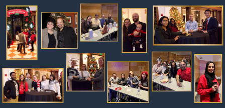 Collage of 10 photos from the Wells Center's 2023 holiday festivities featuring various groups of Wells Center members