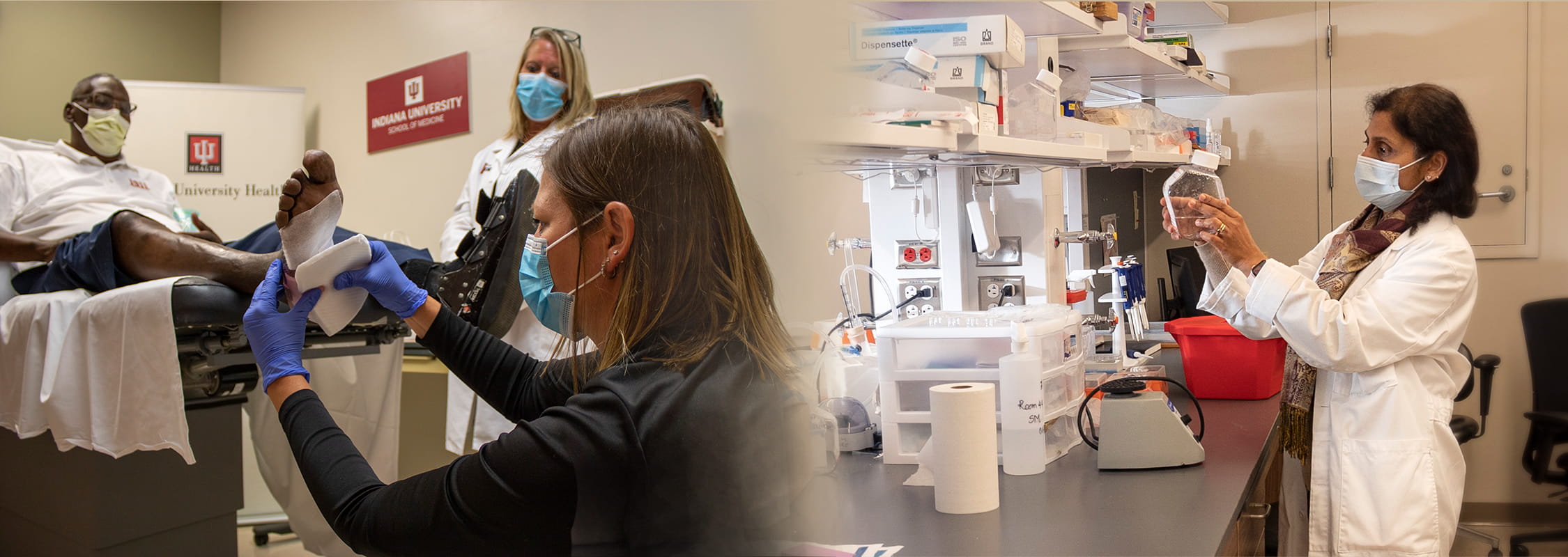 Graphic of two phots one showing cliniacian with a patient and the other of a faculty member working in the lab.