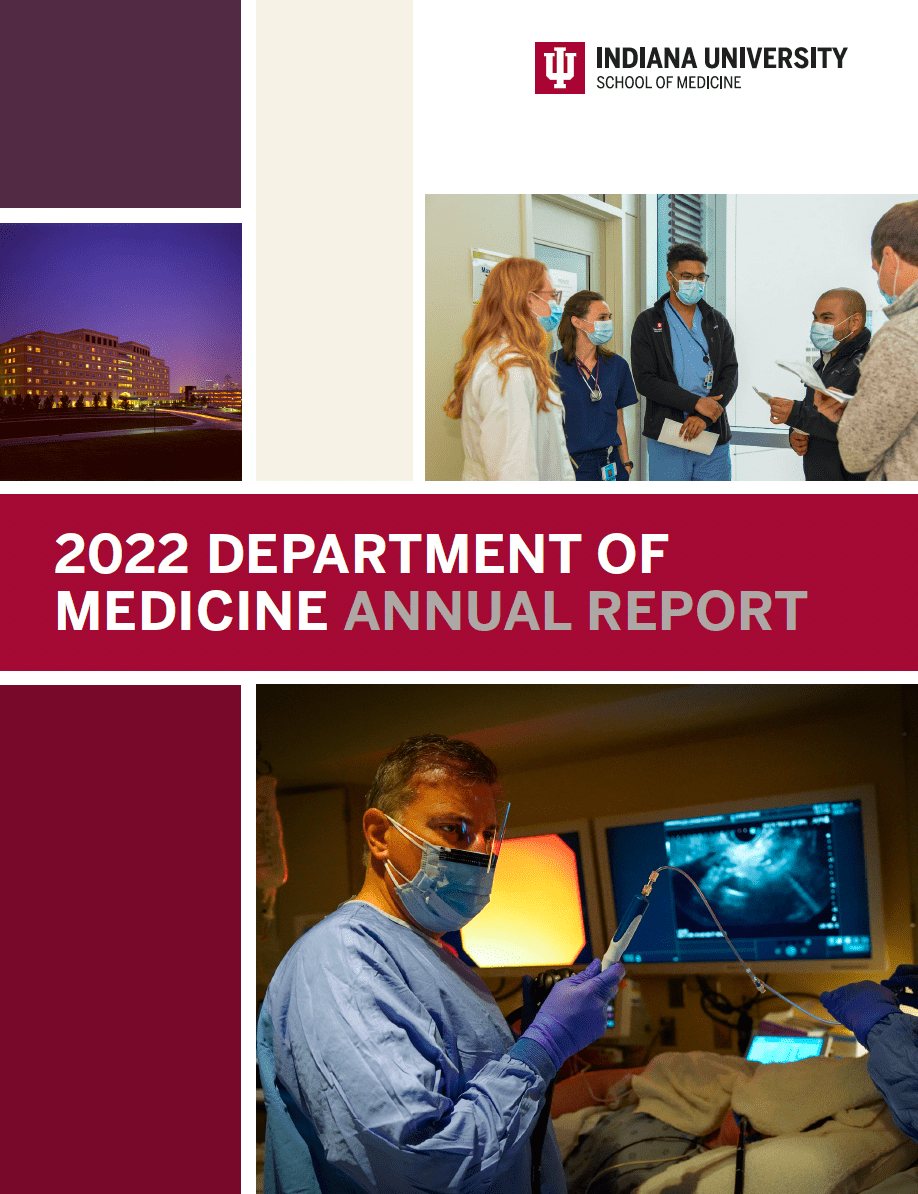 Cover of Dept. of Medicine Annual Report 2022. Top photo is a group of trainees talking. Bottom photo is a physician preparing to perform a procedure.