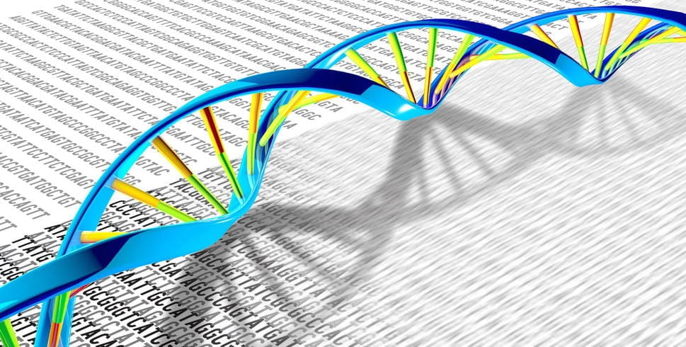 an illustration of a dna helix with sequencing print out underneath it