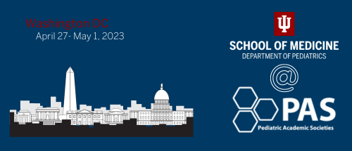 Dark navy blue background, City building landscape, IU School of Medicine at booth #348