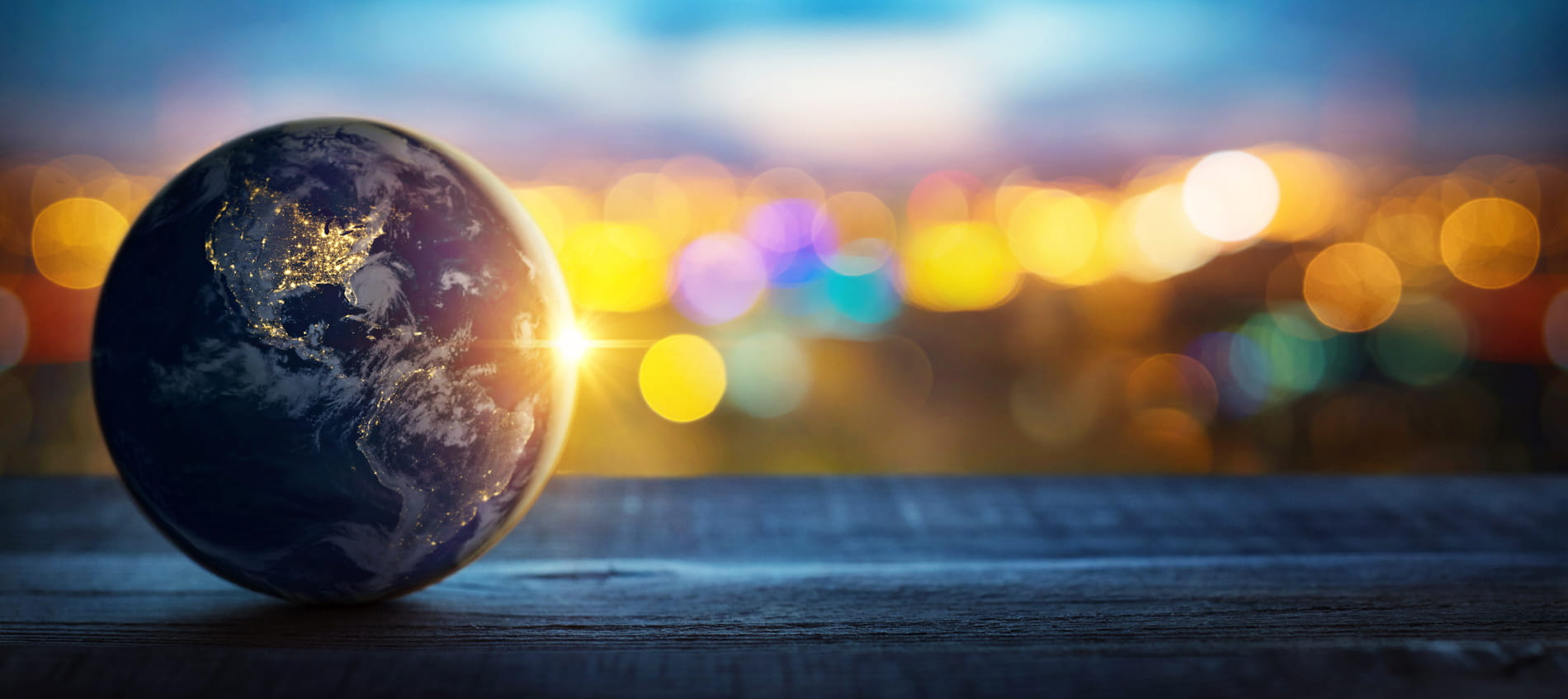 Global health research image of globe against city background