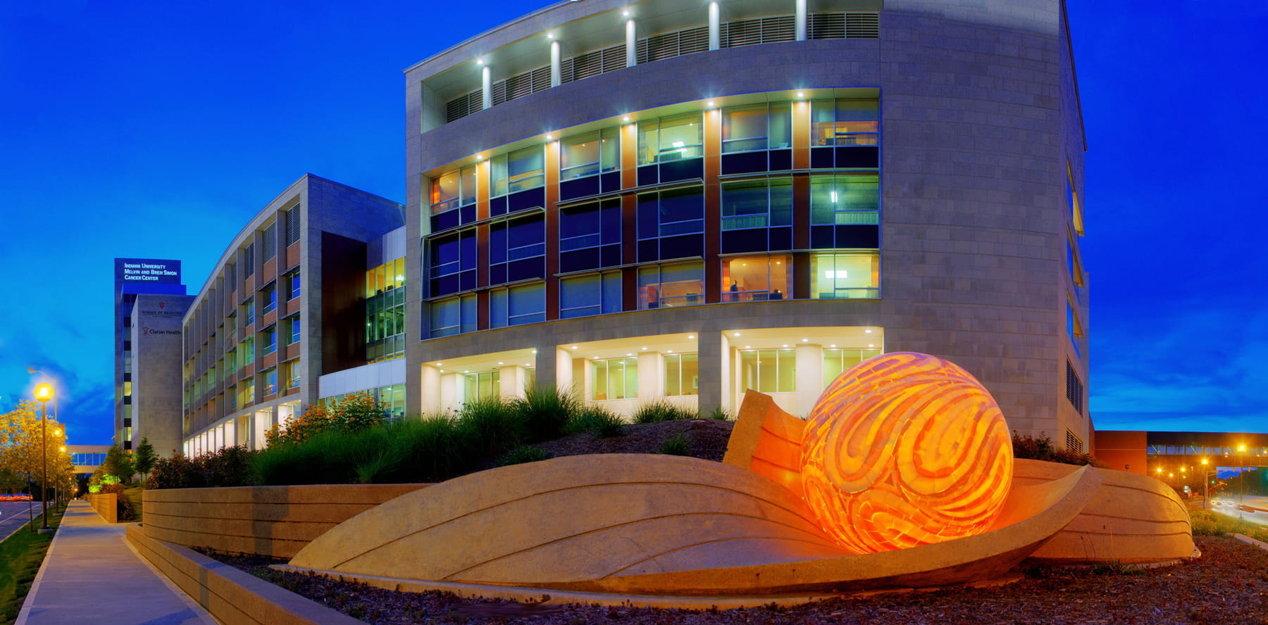 IU Simon Cancer Center building at night