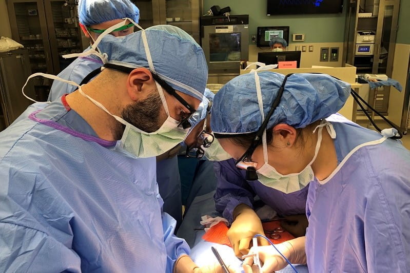 A vascular surgery faculty member working with a resident during surgery