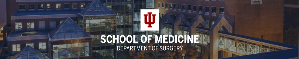 Ruth Lily Library in background with the white stacked IUSM Department of Surgery logo on top
