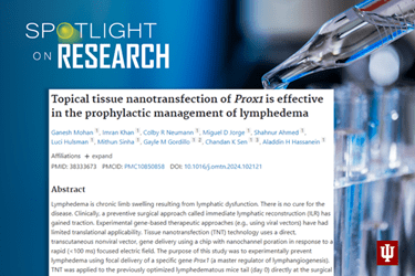 Spotlight on research logo with image of research paper and a background image of test tubes with liquid being piped.