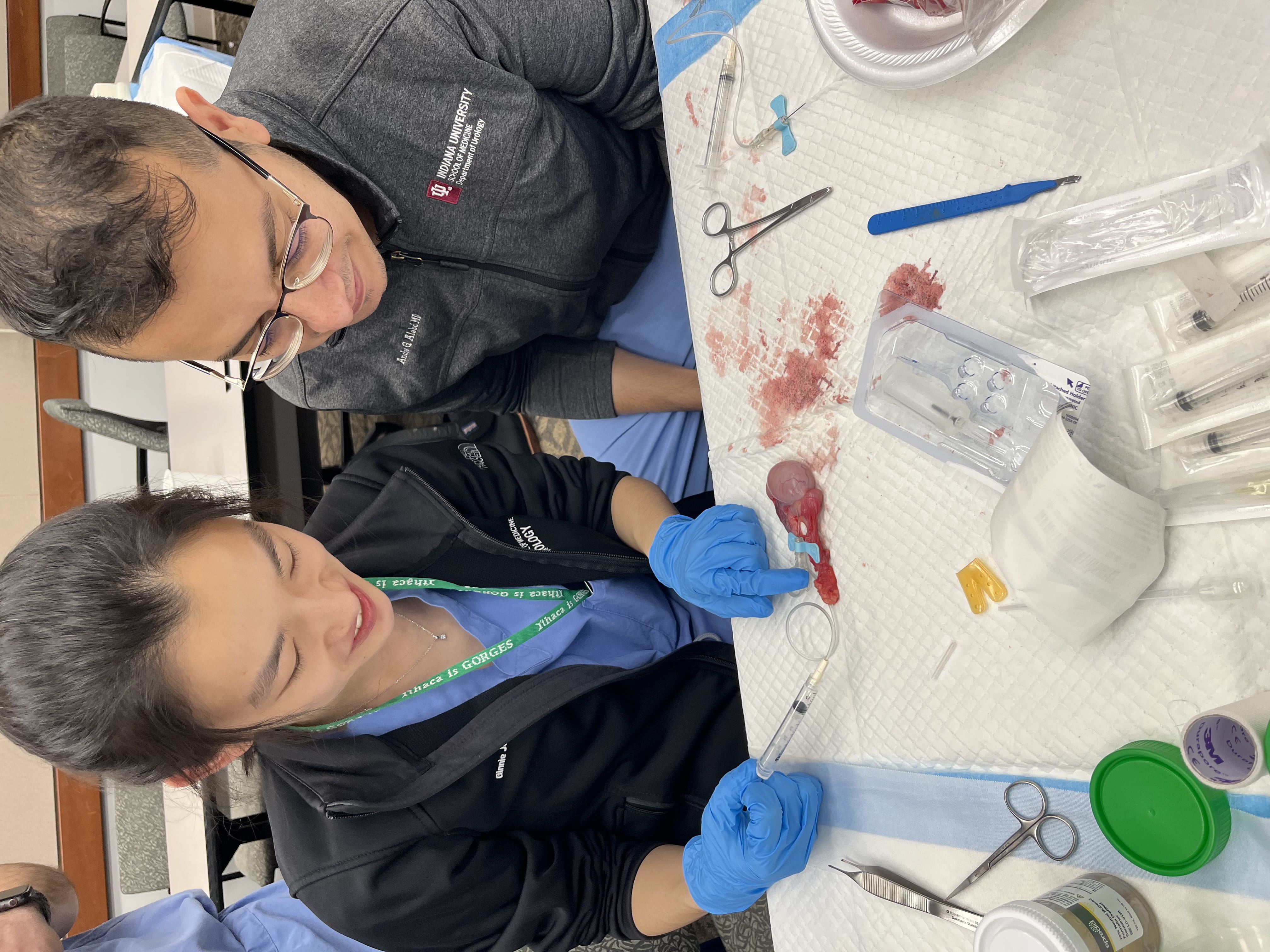 two residents example a testicle sample in surgical skills lab