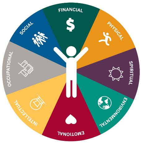 a circle split into 8 wedges show the 8 dimensions of wellness