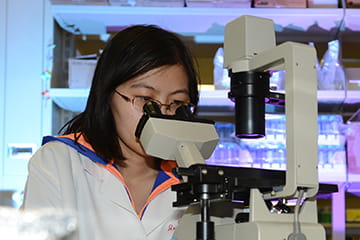 A female student using a microscope.