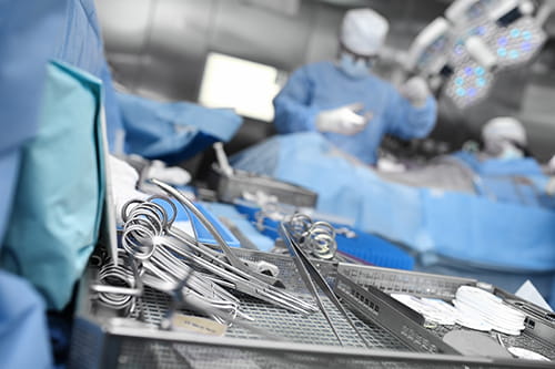 Surgical tools on a tray in operating room