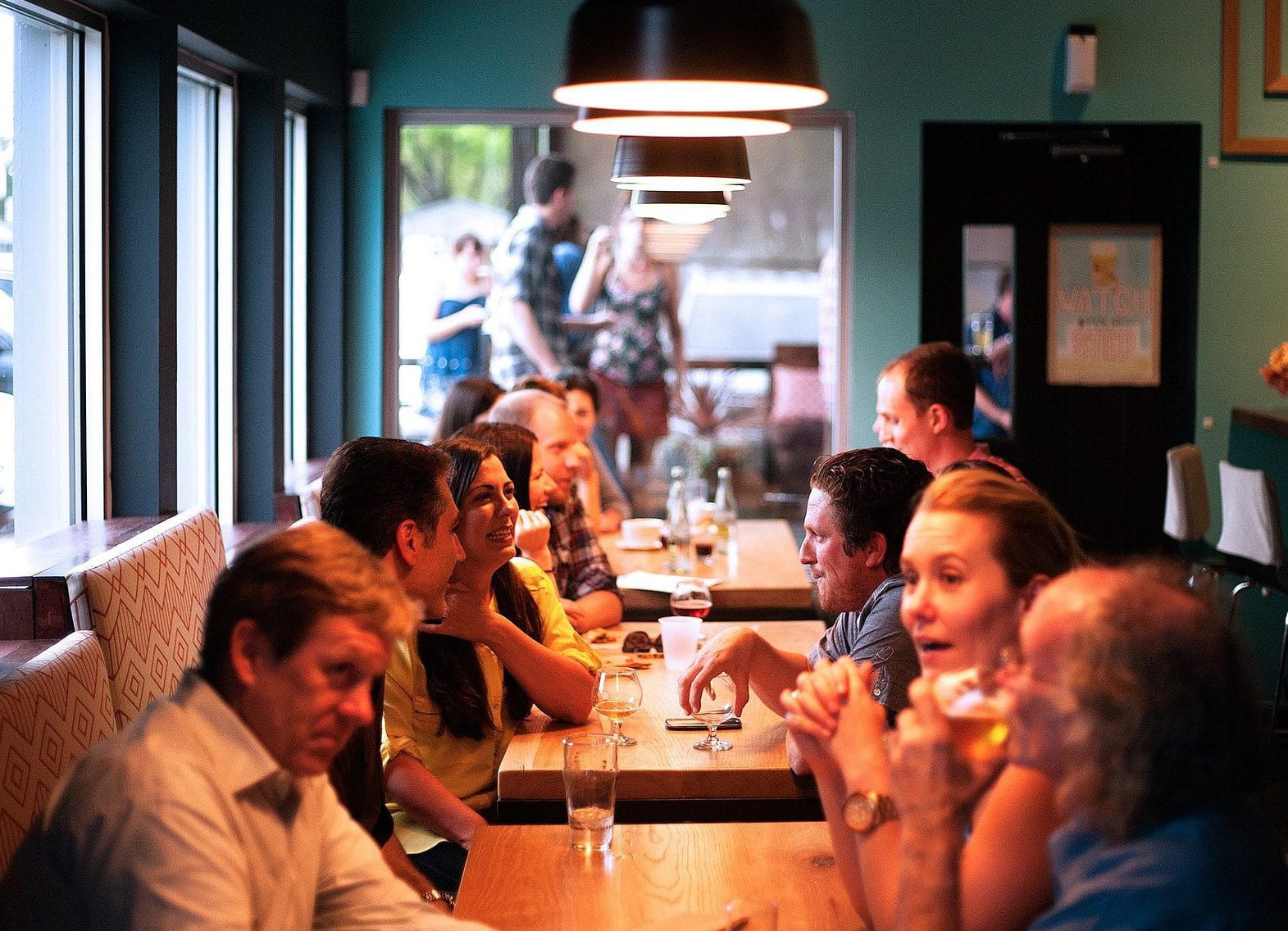 a group of people at a restaurant