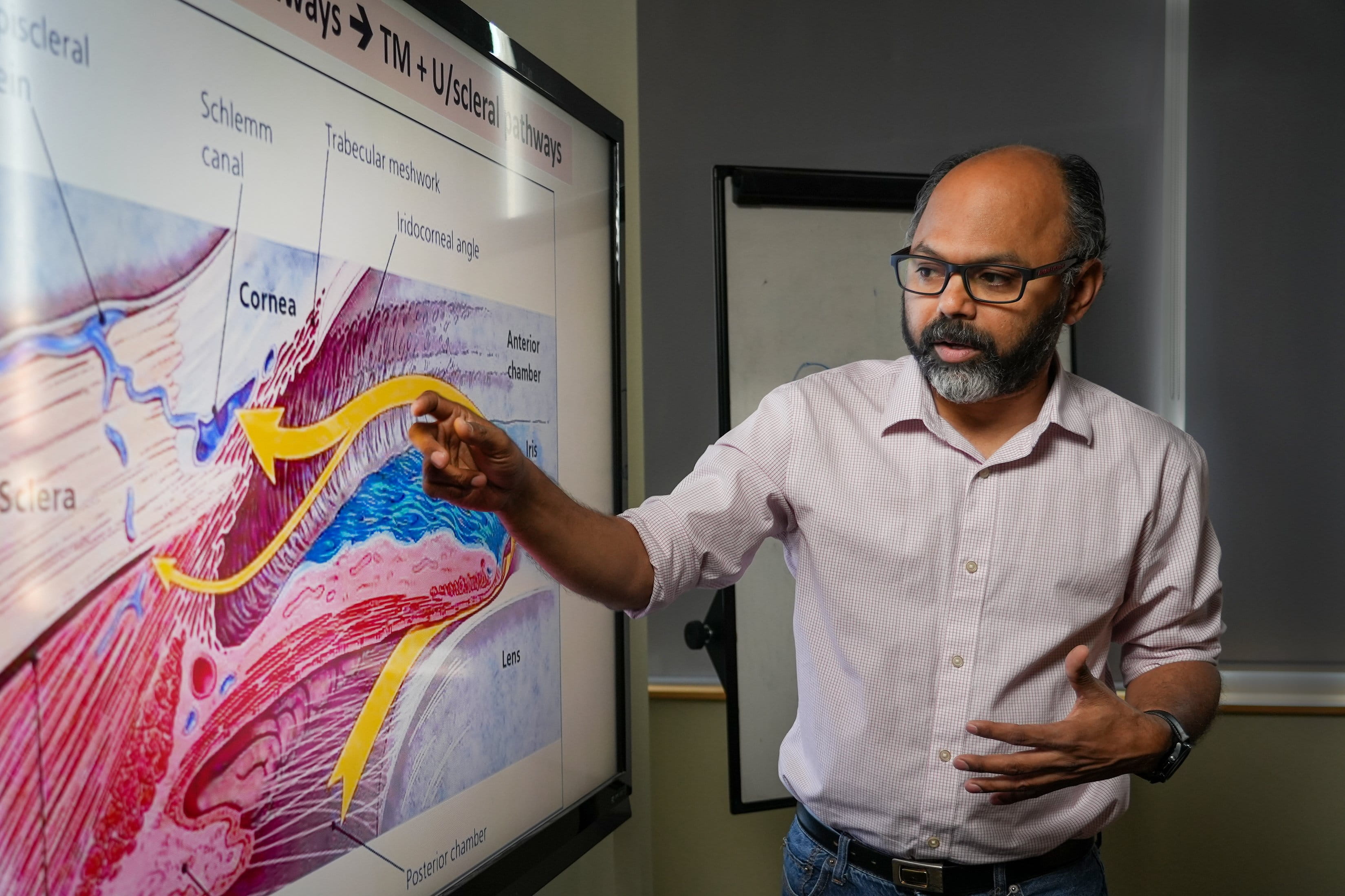 a faculty member speaks in class in front of a monitor display in the glick eye institute