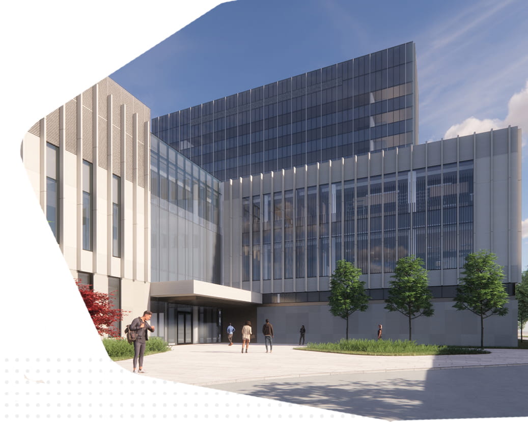 a funky cropped image shows a rendering of the building entrance