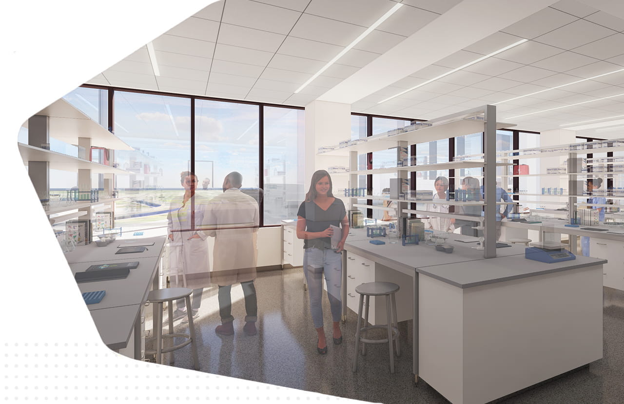 a rendering of a research lab shows several lab benches and outlines of people working in the new space