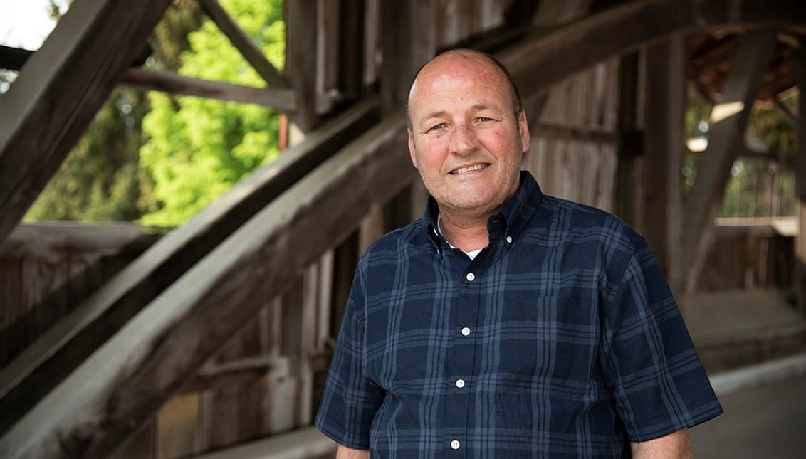 victor rigdon in the covered bridge at the Indiana state fair grounds