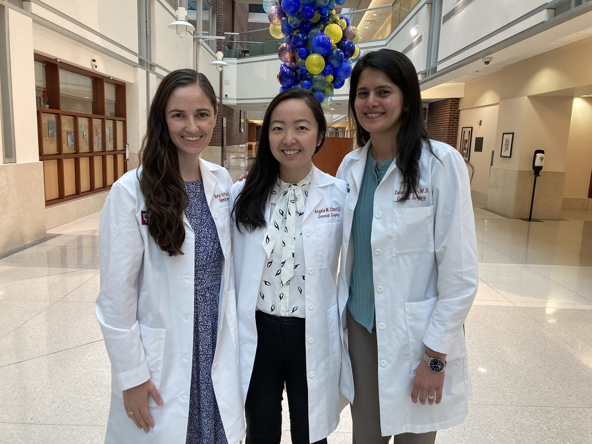 Pictured left to right are General Surgery residents Elizabeth Huffman, MD, PGY 4, Angela Chen, MD, PGY 4 and Zainab Faiza, MD, PGY 2, who were among 19 physicians selected for induction into the AOA who are currently training in graduate medical programs at the IU School of Medicine. 