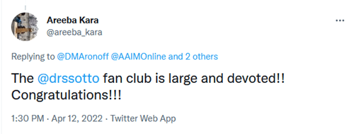 Tweet by Areeba Kara. "The @drssotto fan club is large and devoted! Congratulations!!!"