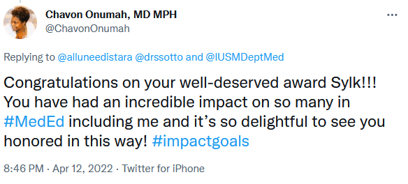 Tweet by Chavon Onumah: "Congratulations on your well-deserved award Sylk!!! You have had an incredible impact on so many in #MedEd including me and it’s so delightful to see you honored in this way! #impactgoals"