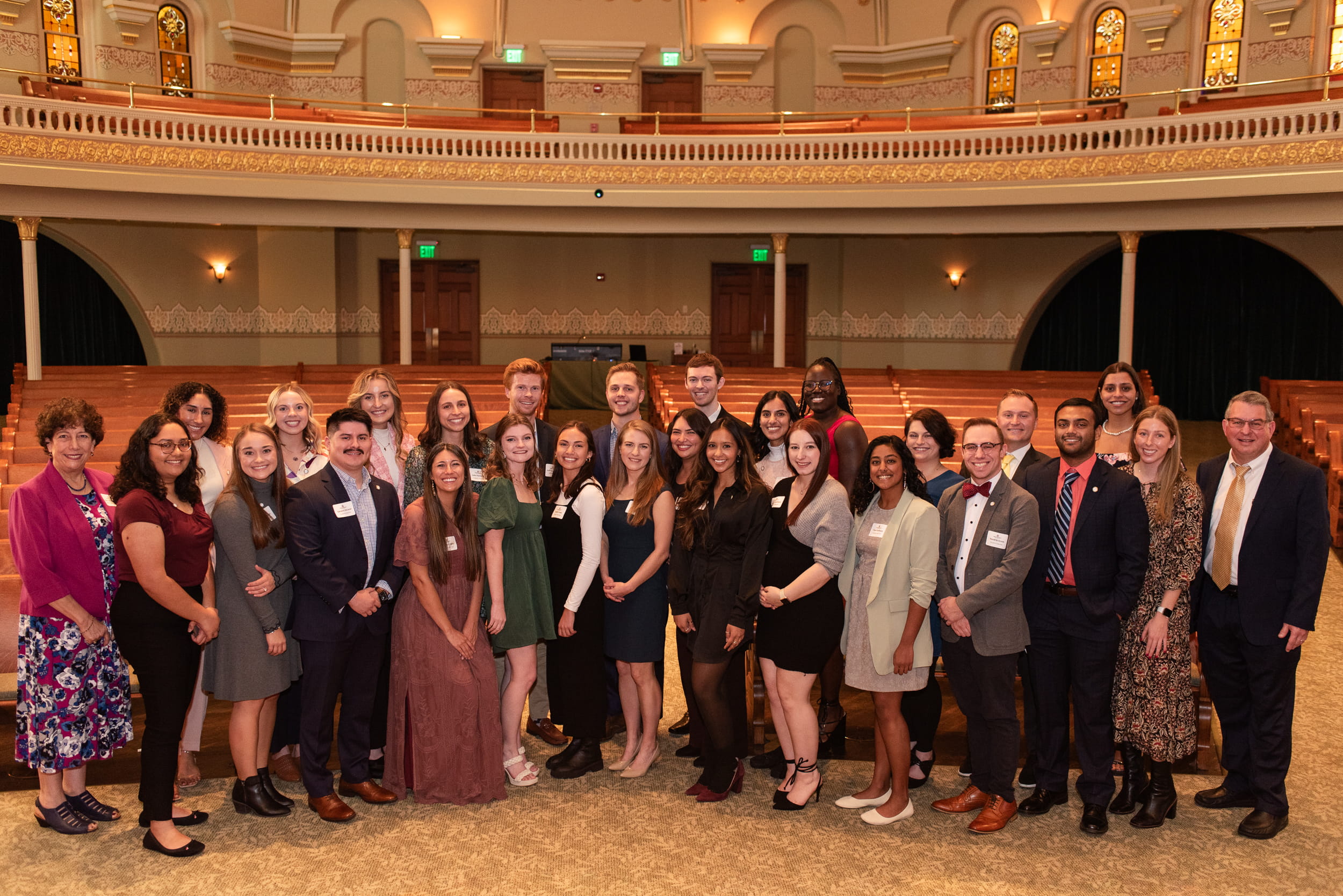 Front row left to right: Jean Molleston, MD  (Chapter Advisor), Aish Thamba, Emily Barron, Genaro DeLeon, Angela Johnson, Kaitlin Wendel, Molly Frank, Adaline Heitz, Sophie Pardo, Abhipri Mishra, Sierra Froehlich, Tanvi, Asthana, Hendrik Greve, PhD, Asif Hossain, Maggie Holohan, Paul Wallach, MD (Executive Associate Dean for Educational Affairs). Second row left to right: Ana Feliciano, Natalie Cox, Madelynne Wright, Juliet Hardesty, David Kronenberger, Samuel Zike, Joey Ballard, Meera Patel, Ife Bolujo, Hannah Kline, PhD, Austin Natalie, Antonia Bartlett.