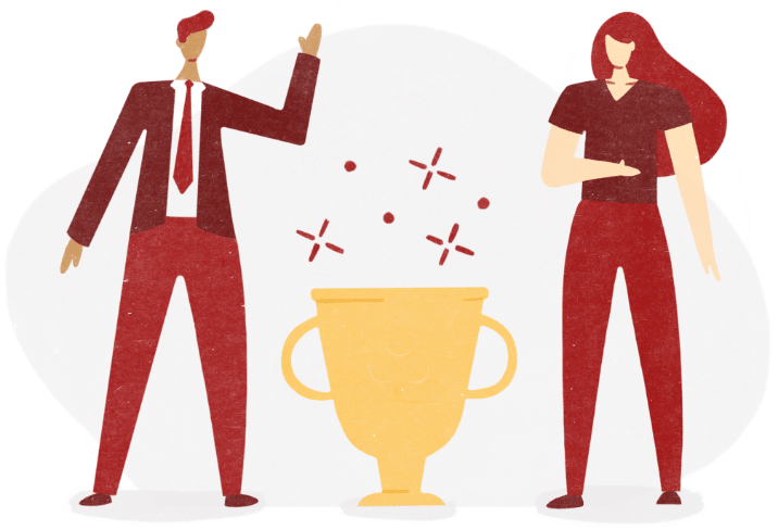 illustration of a man with brown skin and a woman with white skin standing next to a large gold trophy