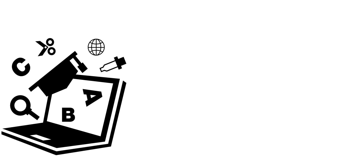 a laptop icon with letters and scientific equipment surrounding it